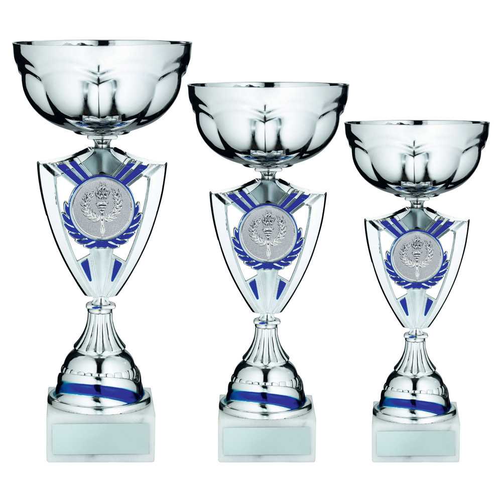 Silver/Blue Shield Trophy Cup with Plate by School Badges UK