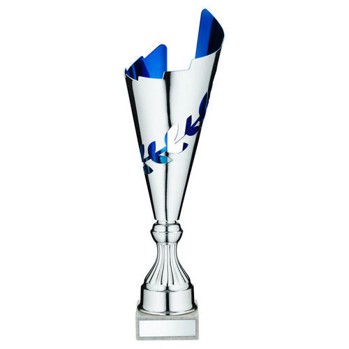 Silver/Blue Metal Wreath Trophy Cup with Plate - 349mm by School Badges UK