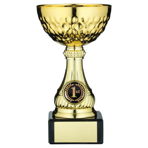 Gold Mini Assembled Trophy Cup with Plate - 127mm by School Badges UK