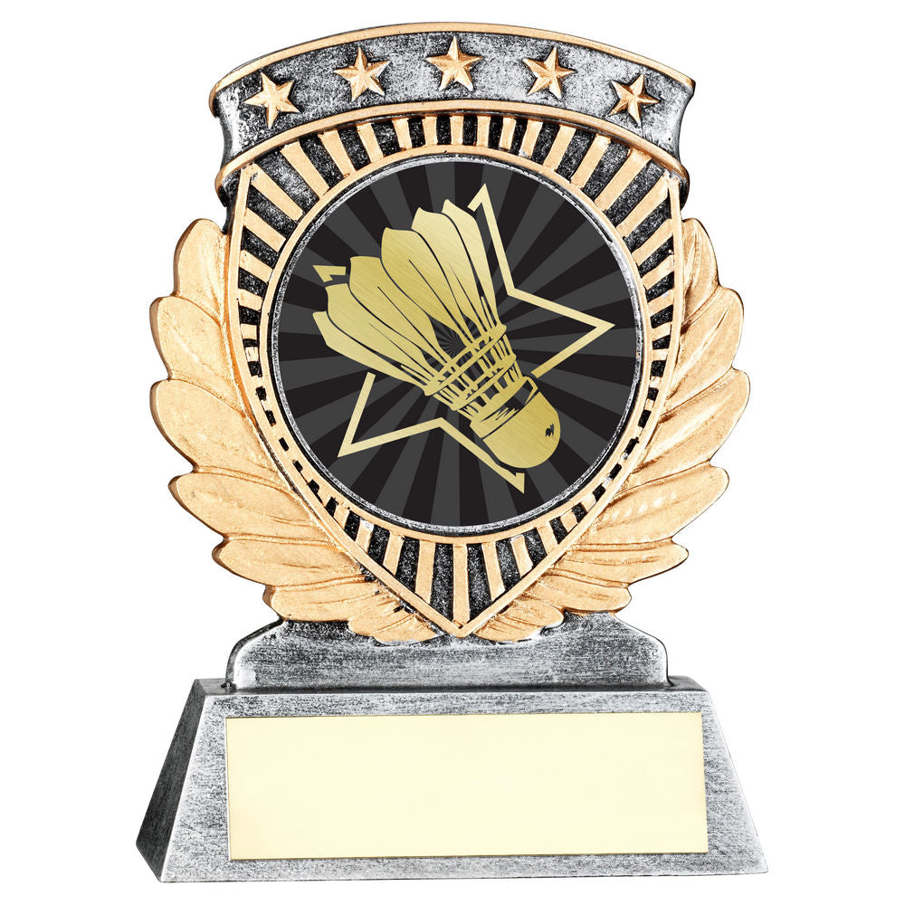 Pewter/Gold 5 Star Holder with Vinyl Badminton Insert & Plate - 95mm by School Badges UK