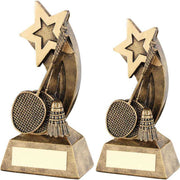 Bronze/Gold Badminton Rackets/Shuttlecock with Shooting Star with Plate by School Badges UK