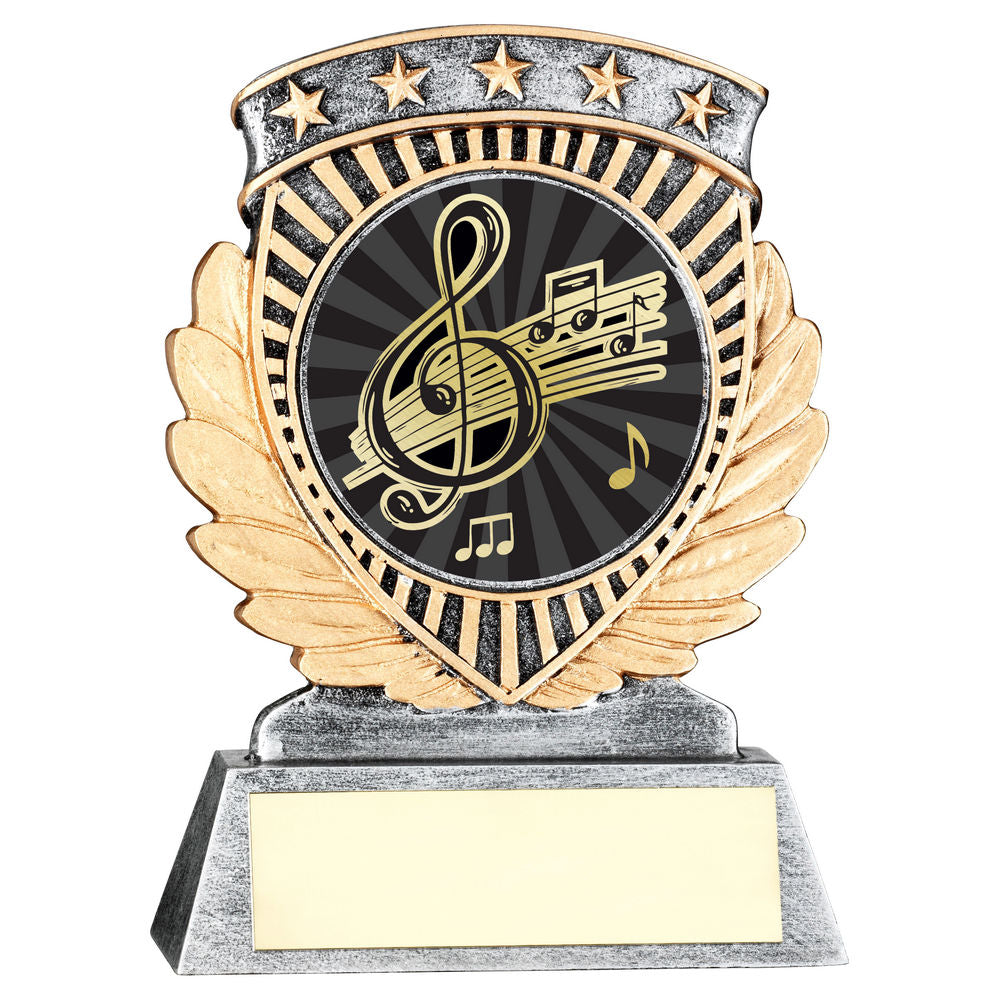 Pewter/Gold 5 Star Holder with Vinyl Music Insert & Plate - 95mm by School Badges UK