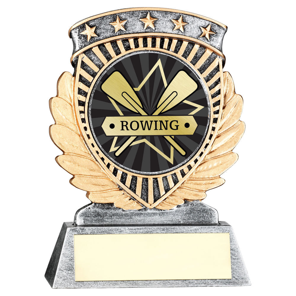 Pewter/Gold 5 Star Holder with Vinyl Rowing Insert & Plate - 95mm by School Badges UK