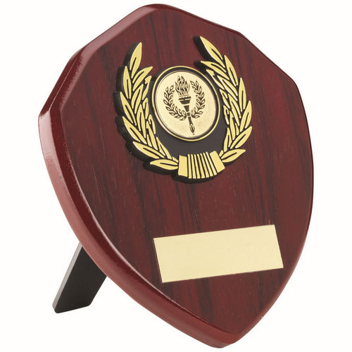 Rosewood Shield and Gold Trim Assembled Trophy - 102mm by School Badges UK
