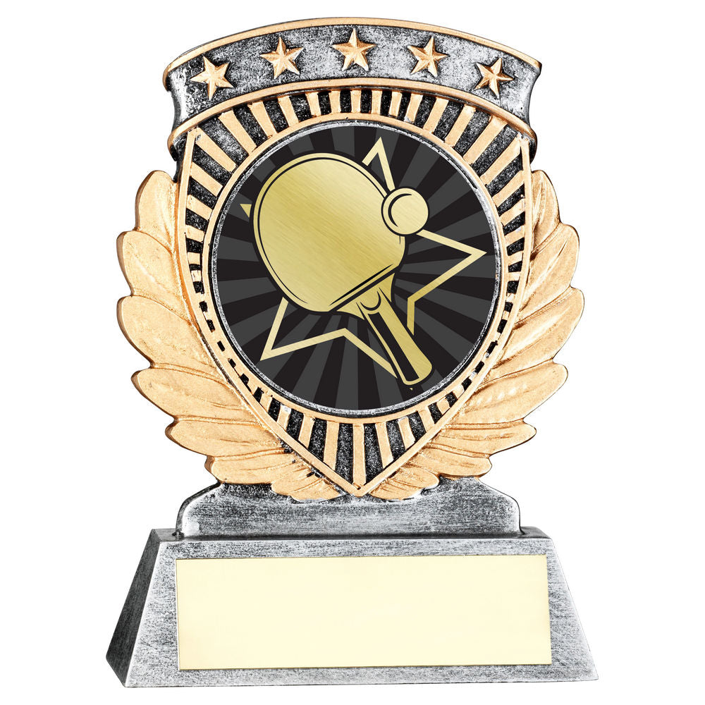 Pewter/Gold 5 Star Holder with Vinyl Table Tennis Insert & Plate - 95mm by School Badges UK