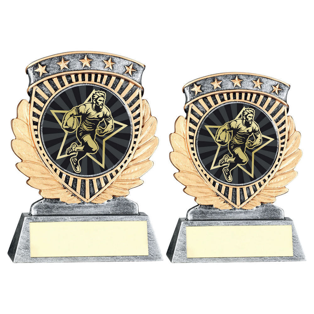 Pewter/Gold 5 Star Holder with Vinyl Male Rugby Insert & Plate by School Badges UK