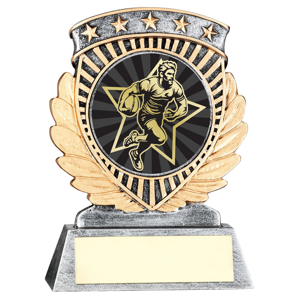 Pewter/Gold 5 Star Holder with Vinyl Male Rugby Insert & Plate - 95mm by School Badges UK