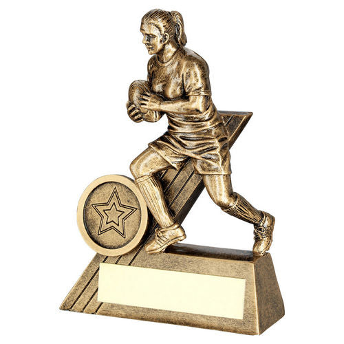 Bronze/Gold Female Rugby Mini Figure with Plate - 102mm by School Badges UK