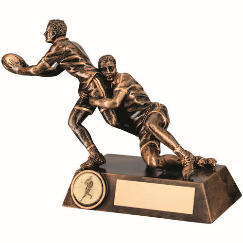 Bronze/Gold Double Rugby Tackle Figure with Plate - 146mm by School Badges UK