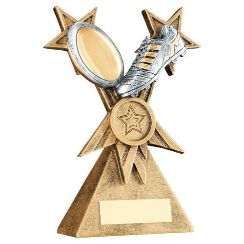 Bronze/Pewter/Gold Rugby Ball and Boot on Tri Star Riser with Plate - 121mm by School Badges UK