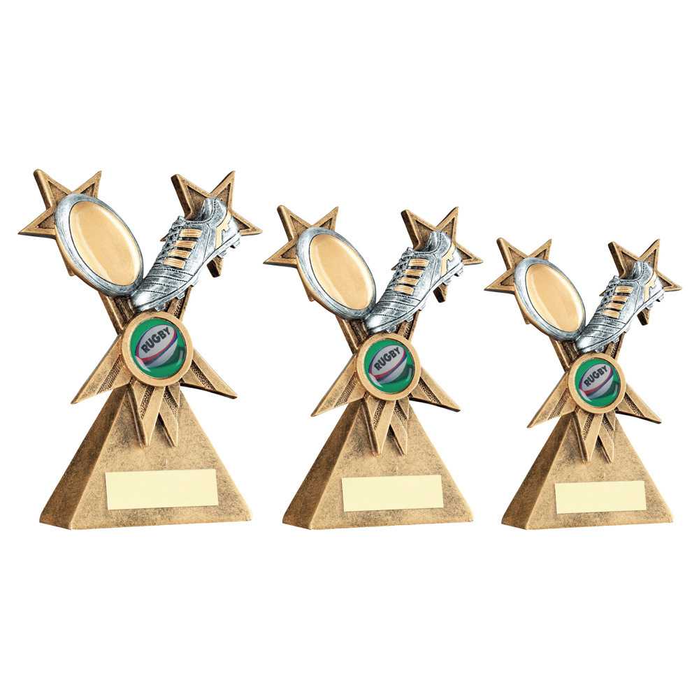 Bronze/Pewter/Gold Rugby Ball and Boot on Tri Star Riser with Plate by School Badges UK