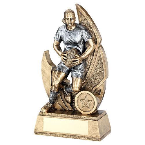 Bronze/Pewter Female Rugby Figure on Backdrop with Plate - 152mm by School Badges UK