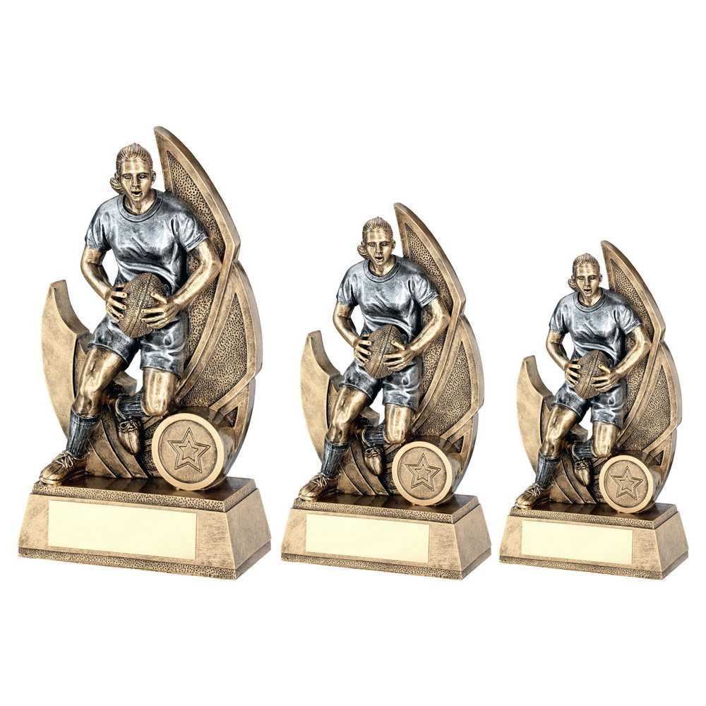 Bronze/Pewter Female Rugby Figure on Backdrop with Plate by School Badges UK