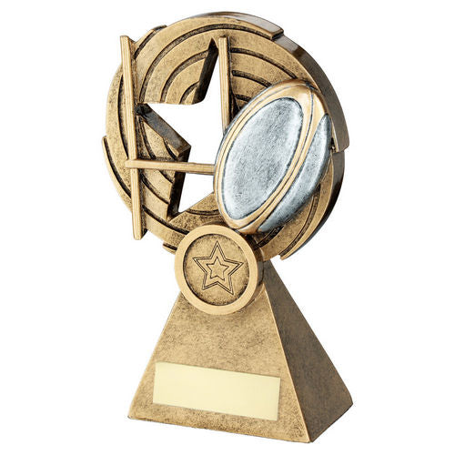 Bronze/Pewter/Gold Rugby Ball and Posts on Holed Spiral with Plate - 152mm by School Badges UK