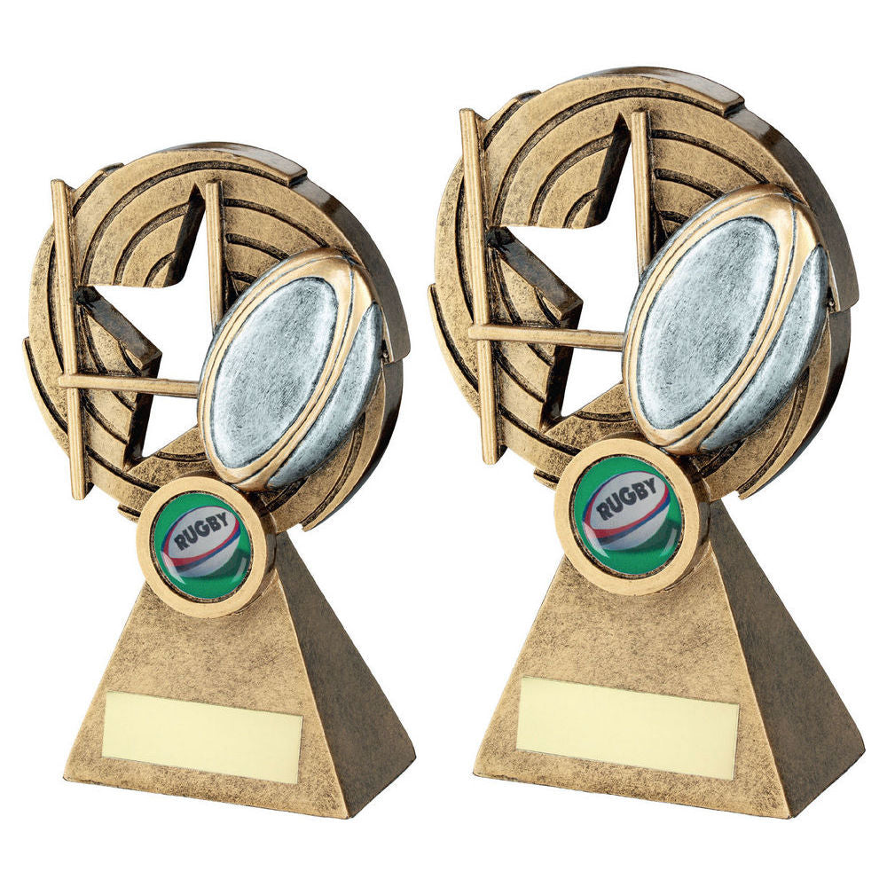 Bronze/Pewter/Gold Rugby Ball and Posts on Holed Spiral with Plate by School Badges UK