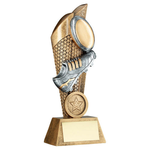 Bronze/Pewter/Gold Rugby Ball and Boot on Mesh Backdrop with Plate - 127mm by School Badges UK