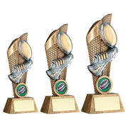 Bronze/Pewter/Gold Rugby Ball and Boot on Mesh Backdrop with Plate by School Badges UK