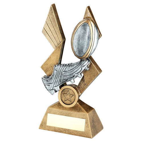 Bronze/Pewter/Gold Rugby Ball and Boot on Pointed Backdrop with Plate - 203mm by School Badges UK
