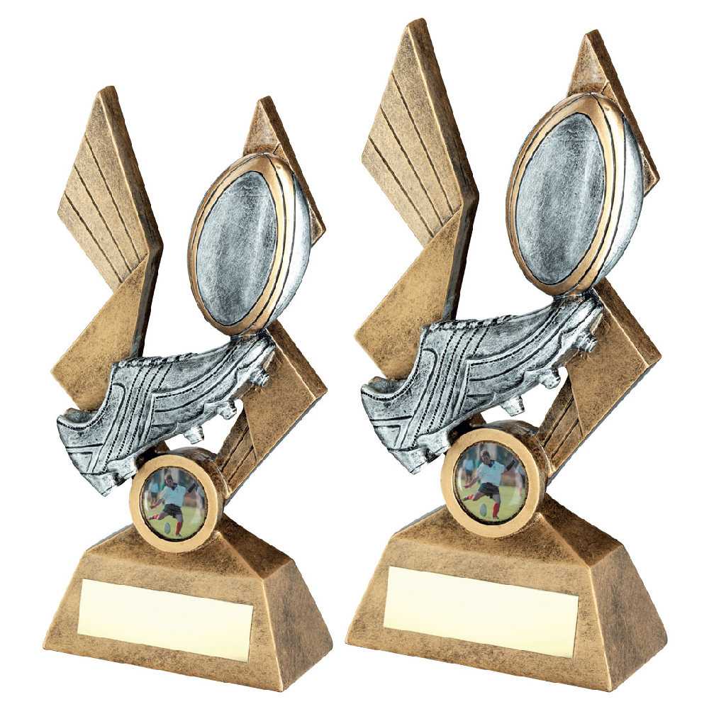 Bronze/Pewter/Gold Rugby Ball and Boot on Pointed Backdrop with Plate by School Badges UK