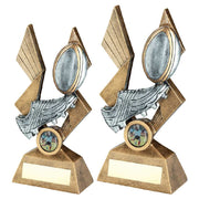 Bronze/Pewter/Gold Rugby Ball and Boot on Pointed Backdrop with Plate by School Badges UK