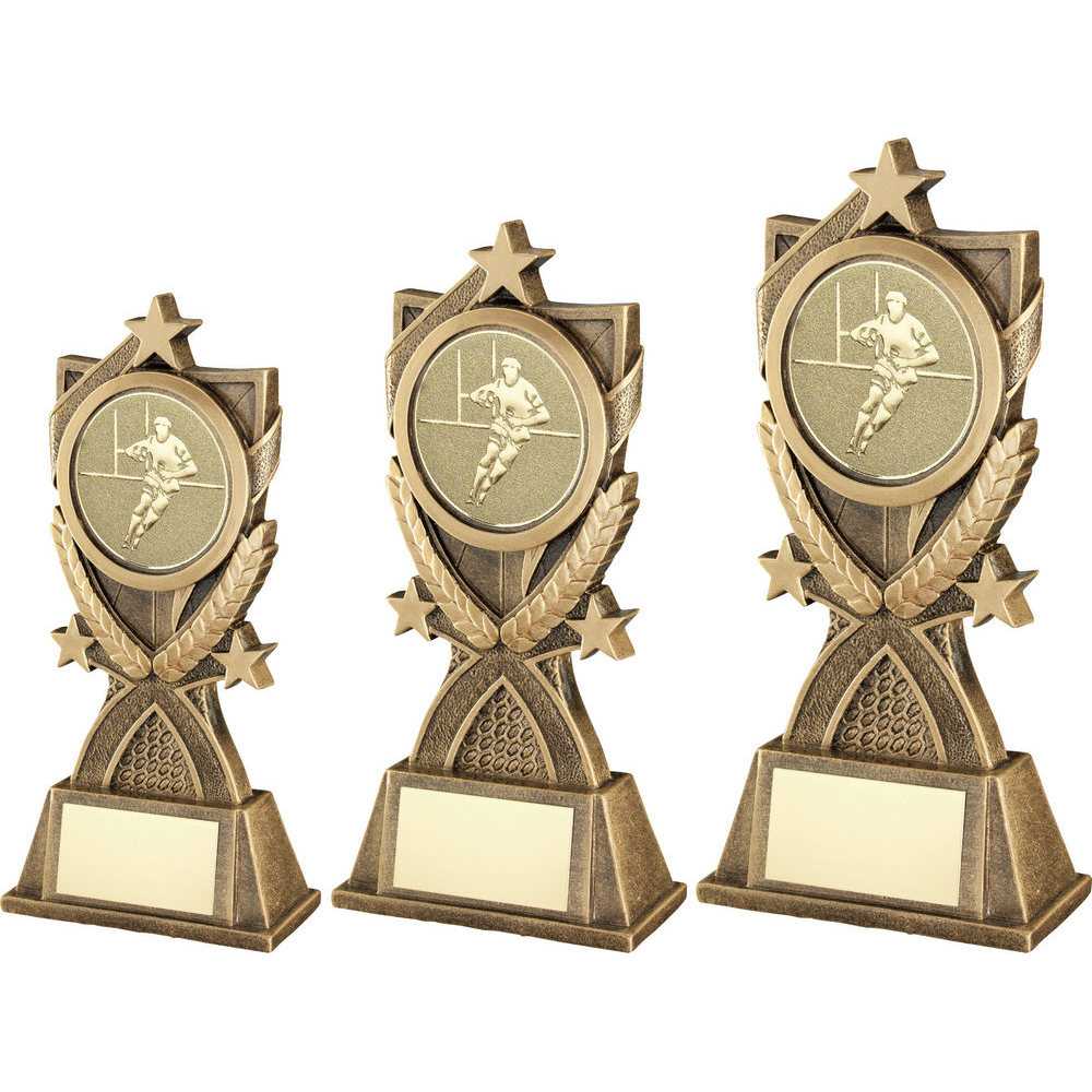 Bronze/Gold 3 Star Wreath Series with Rugby Insert and Plate by School Badges UK