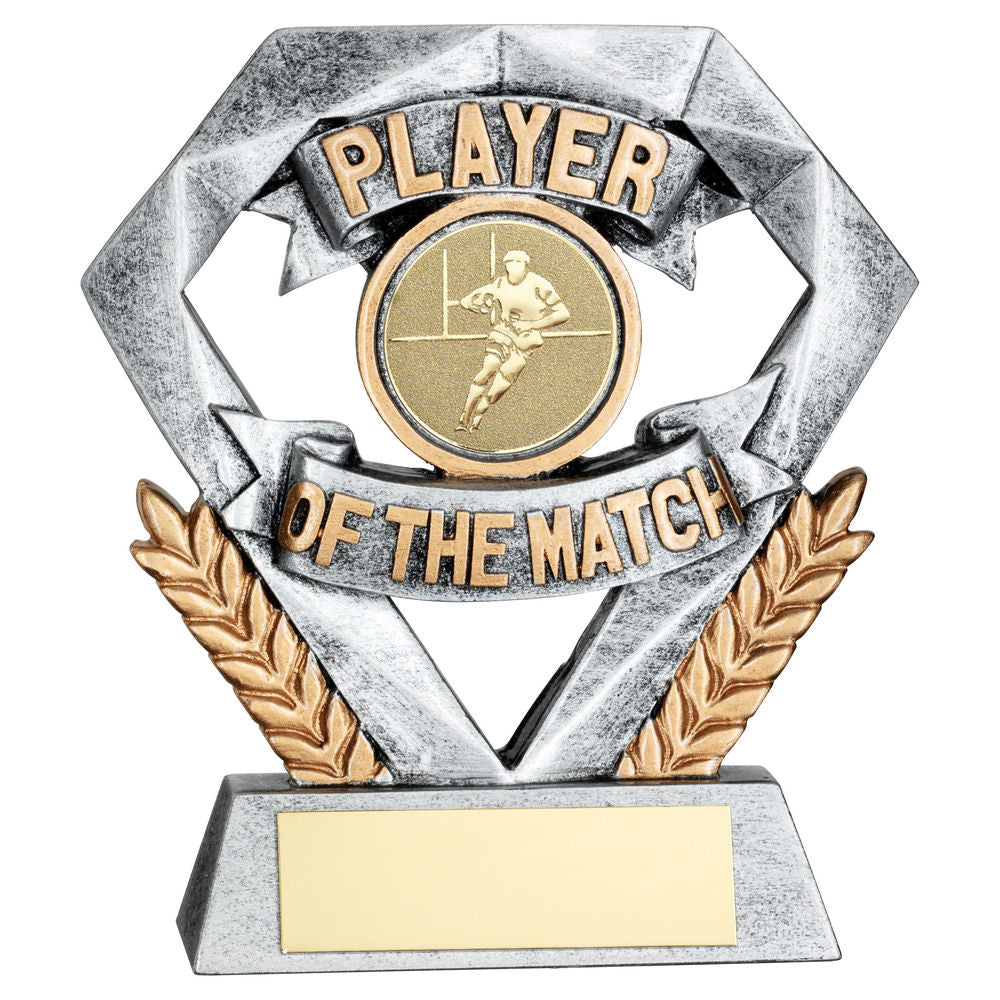 Pewter/Gold Player of the Match Mini Diamond with Rugby Insert & Plate - 4in by School Badges UK