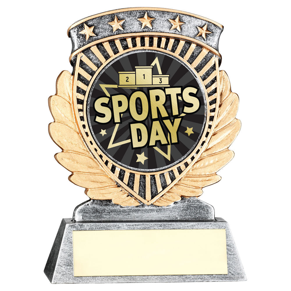 Pewter/Gold 5 Star Holder with Vinyl Sports Day Insert & Plate - 95mm by School Badges UK