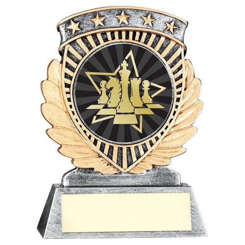 Pewter/Gold 5 Star Holder with Vinyl Chess Insert & Plate - 95mm by School Badges UK