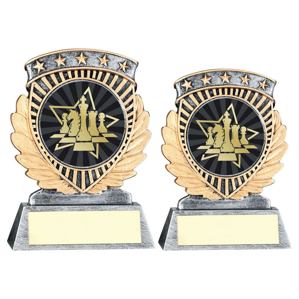 Pewter/Gold 5 Star Holder with Vinyl Chess Insert & Plate by School Badges UK