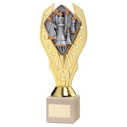 Gold Plastic Holder + Chess Disc on Cream Marble Trophy - 197mm by School Badges UK