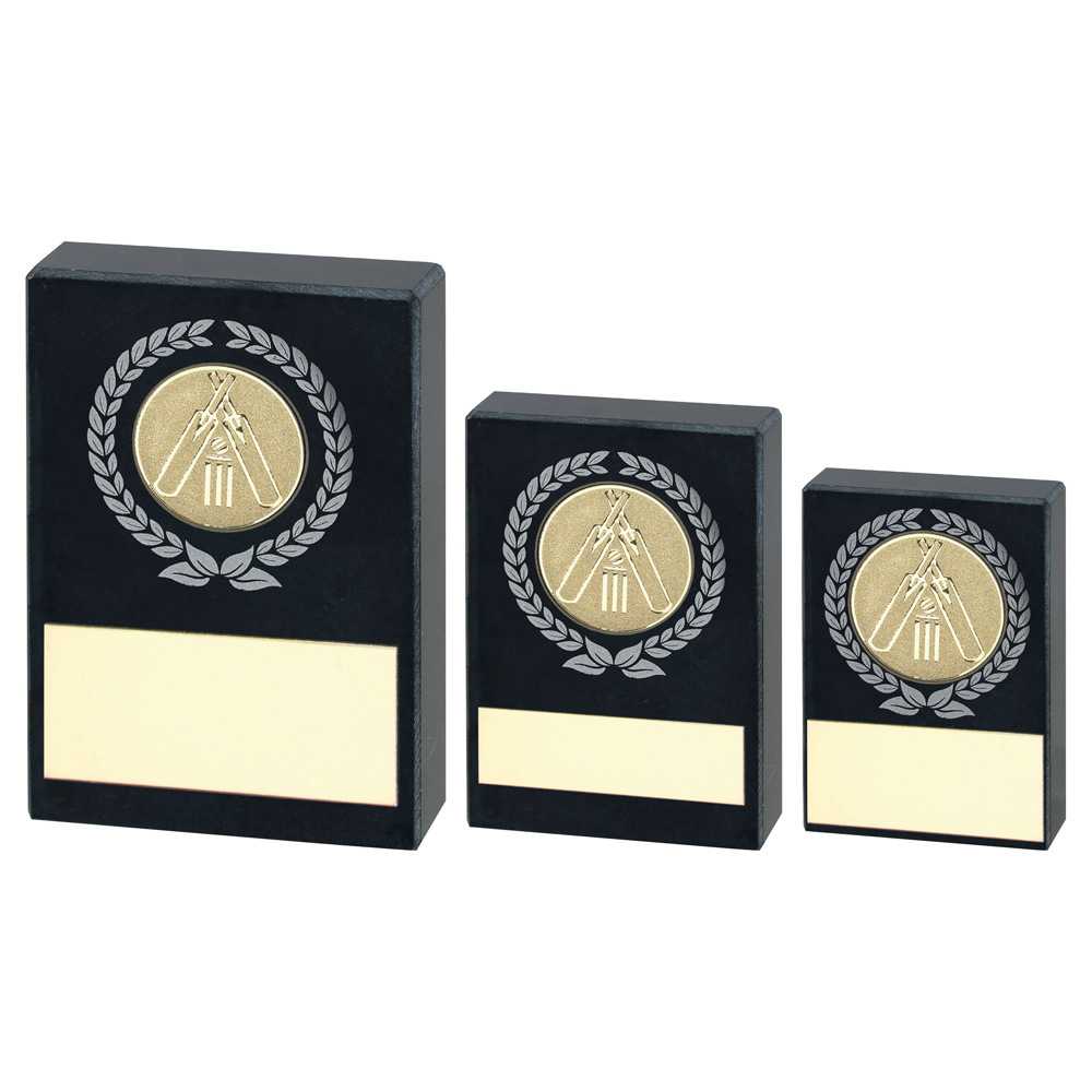 Black Marble with Silver/Gold Wreath, Cricket Insert and Plate by School Badges UK