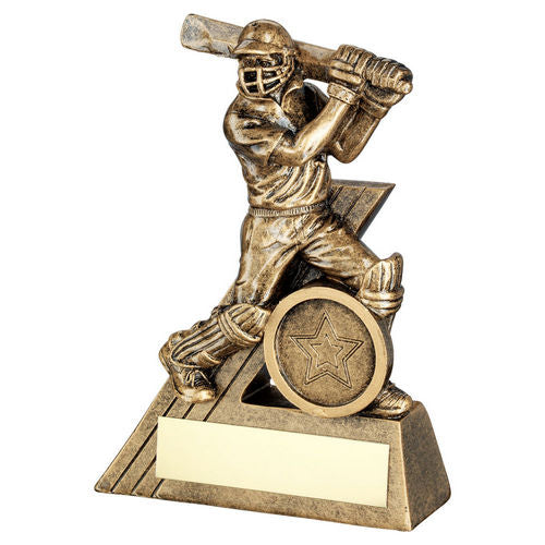 Bronze/Gold Mini Male Cricket Batsman Figure with Plate - 102mm by School Badges UK
