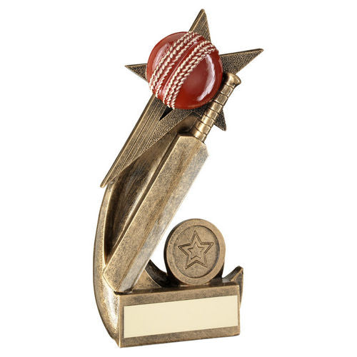 Bronze/Gold/Red Cricket Ball and Bat on Shooting Star with Plate - 114mm by School Badges UK