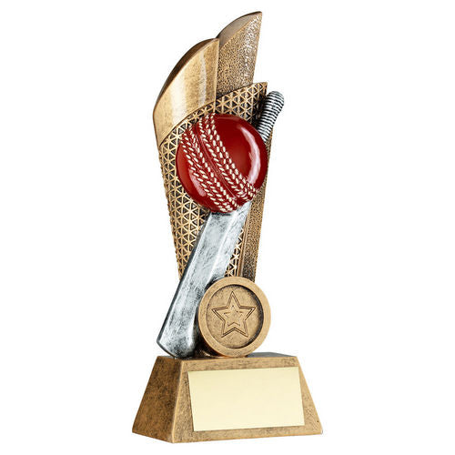 Bronze/Pewter/Gold Cricket Ball and Bat on Mesh Backdrop with Plate - 127mm by School Badges UK
