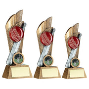 Bronze/Pewter/Gold Cricket Ball and Bat on Mesh Backdrop with Plate by School Badges UK