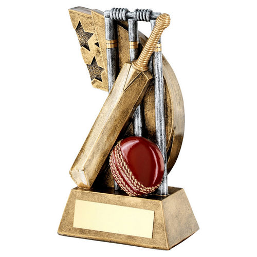 Bronze/Pewter/Red Cricket Stumps/Bat/Ball on Star Swoosh with Plate - 108mm by School Badges UK
