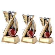 Bronze/Pewter/Red Cricket Stumps/Bat/Ball on Star Swoosh with Plate by School Badges UK