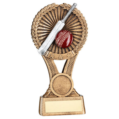 Bronze/Gold/Pewter Cricket Round Wreath on V Riser with Plate - 127mm by School Badges UK