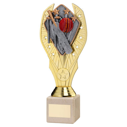 Gold Plastic Holder + Cricket Disc on Cream Marble Trophy - 197mm by School Badges UK