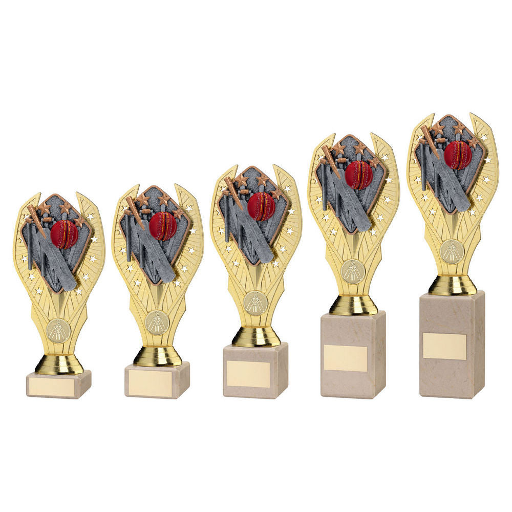 Gold Plastic Holder + Cricket Disc on Cream Marble Trophy by School Badges UK