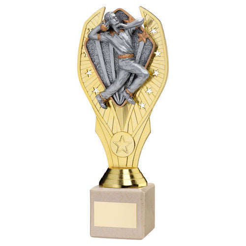 Gold Plastic Holder + Cricket Bowler Disc & Cream Marble Trophy - 197mm by School Badges UK