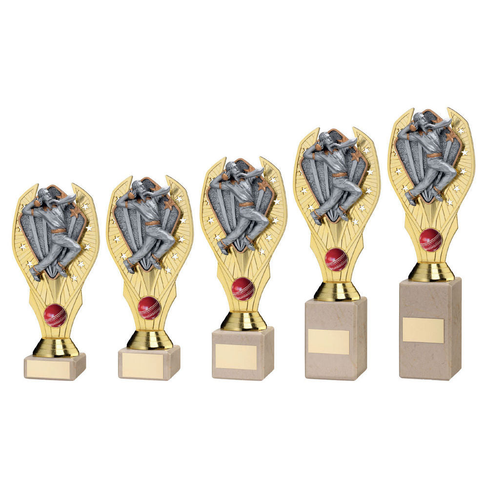 Gold Plastic Holder + Cricket Bowler Disc & Cream Marble Trophy by School Badges UK