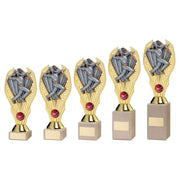 Gold Plastic Holder + Cricket Bowler Disc & Cream Marble Trophy by School Badges UK