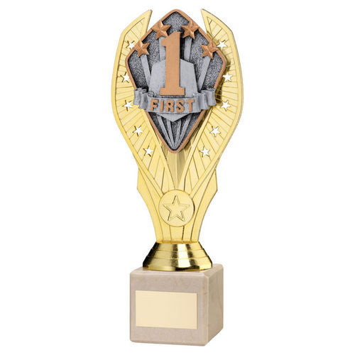 Gold Plastic Holder + First Disc on Cream Marble Trophy - 197mm by School Badges UK