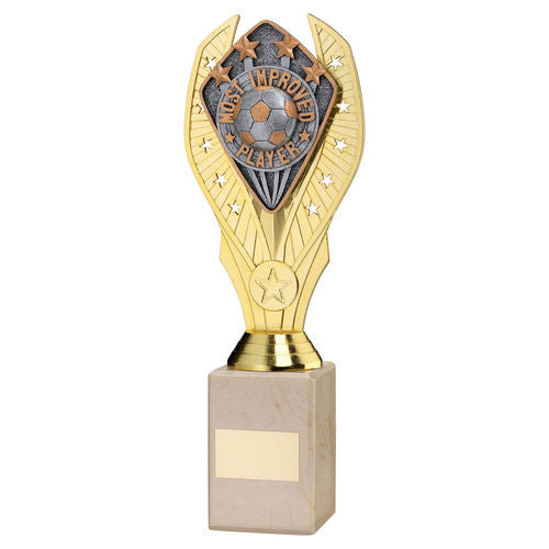 Gold Holder + Most Improved Player Disc & Cream Marble Trophy by School Badges UK