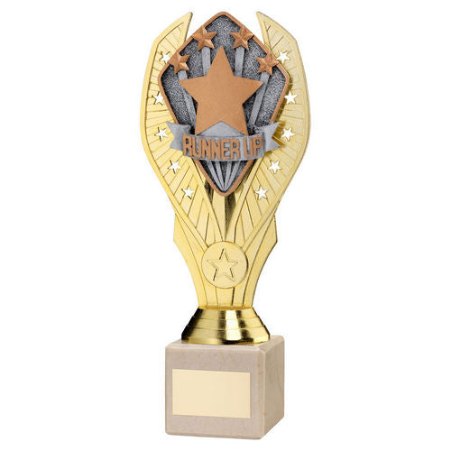 Gold Plastic Holder + Runner Up Disc on Cream Marble Trophy - 197mm by School Badges UK