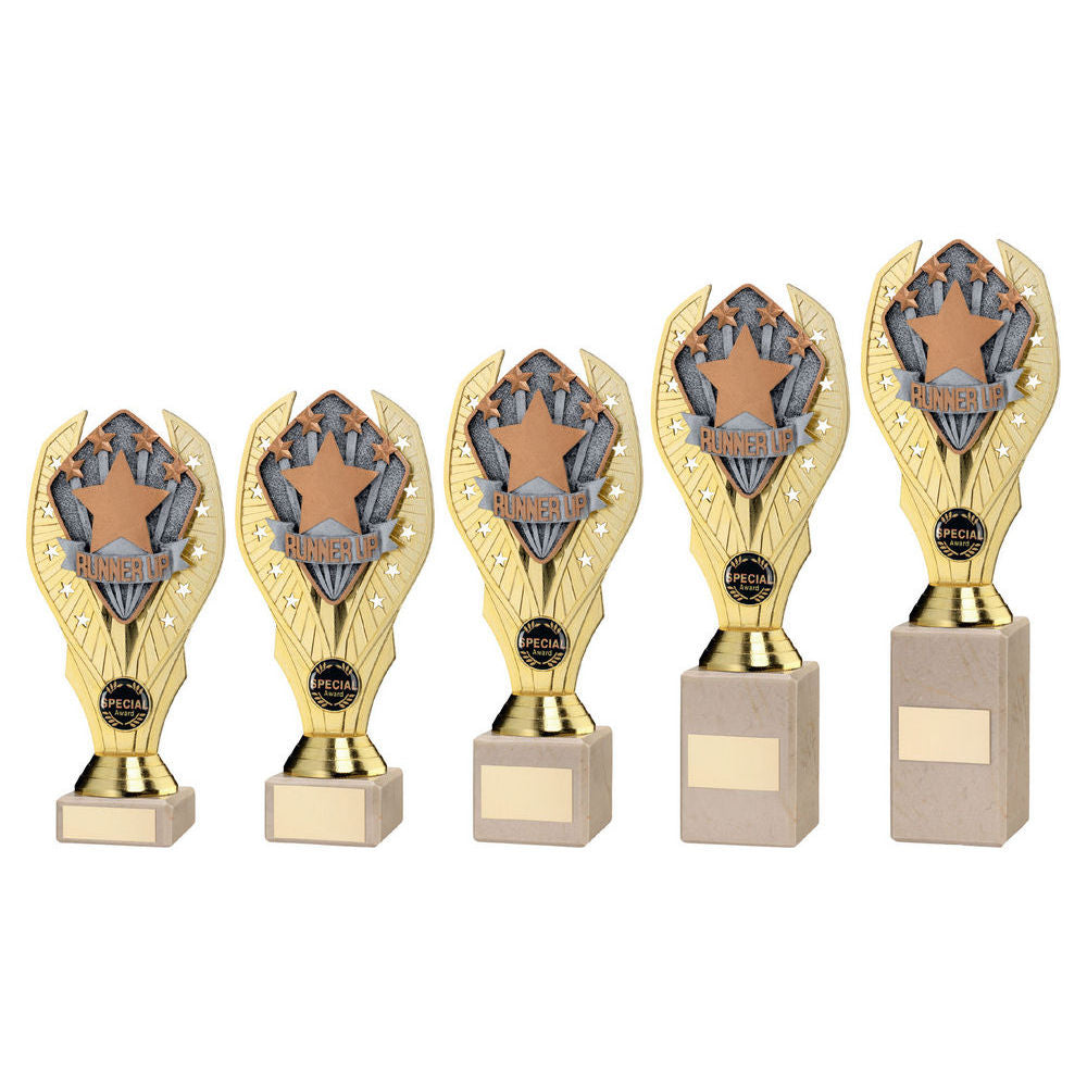 Gold Plastic Holder + Stars Disc on Cream Marble Trophy by School Badges UK