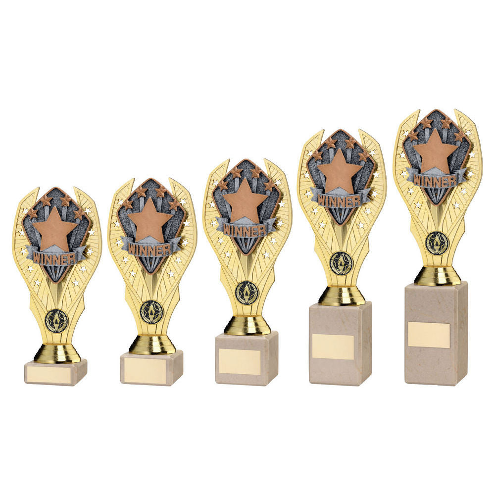 Gold Plastic Holder + Winner Disc on Cream Marble Trophy by School Badges UK