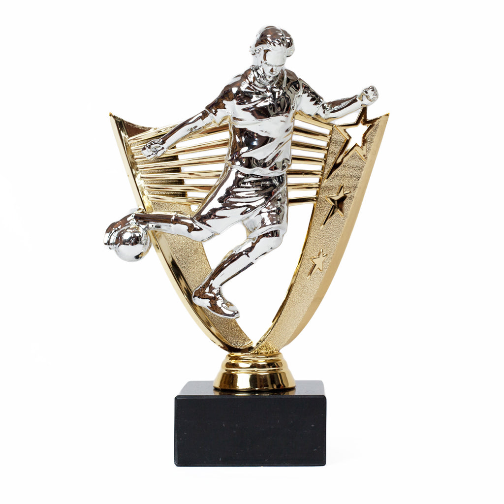 Male Football Silver & Gold Trophy Front by School Badges UK