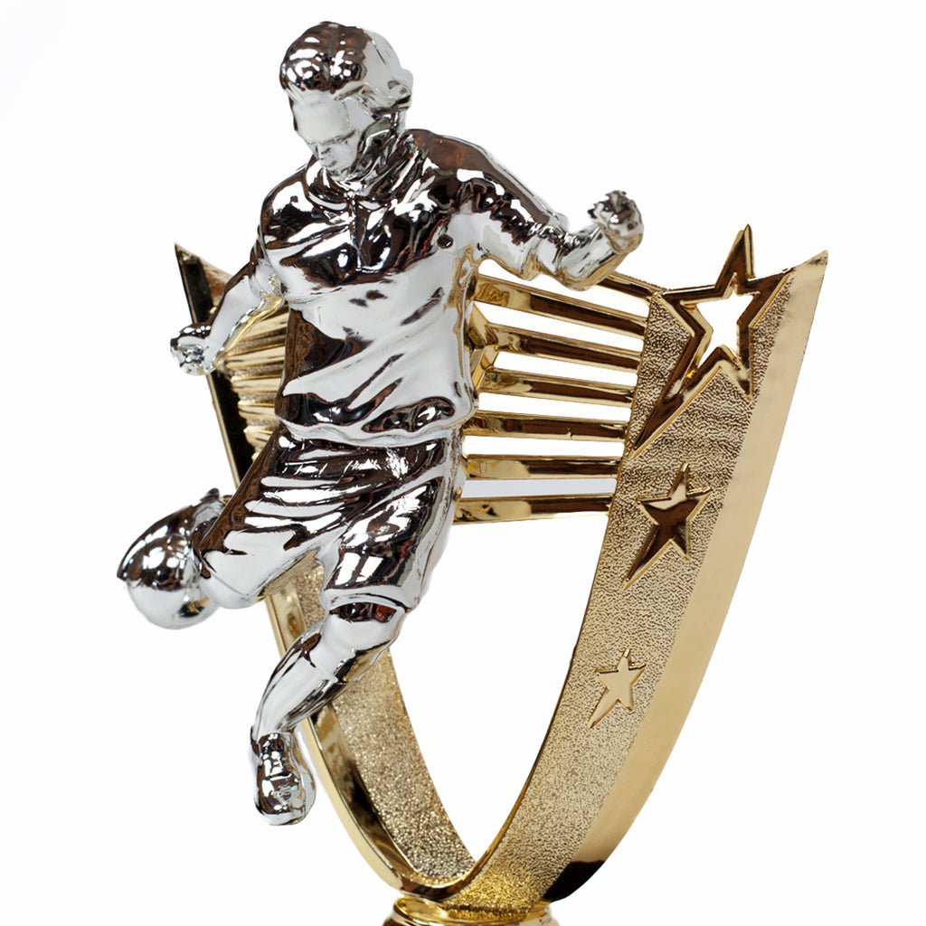 Male Football Silver & Gold Trophy Zoomed by School Badges UK